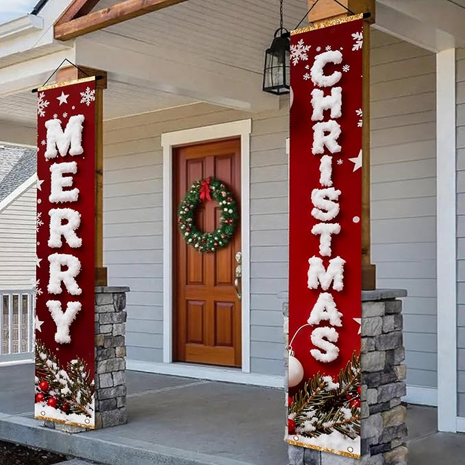 Nuxovilar Merry Christmas Snowflake Decor Polyester Banner 12x70.86 Inches Christmas Door Banner, Festive Home Decor for Living Room, Porch, Holiday Parties