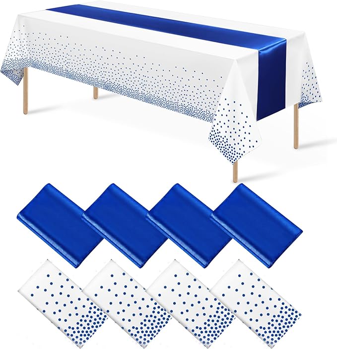 8Pack Disposable Plastic Tablecloths and Satin Table Runner White and Royal Blue Dot Tablecloth Blue Satin Table Runner for Wedding Birthday Baby Shower Anniversary Christmas New Year Party Supplies