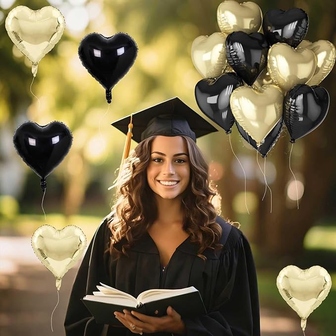Black Gold Foil Heart Balloons, 18 Inch 10 Pcs Light Gold and Black Heart Shape Foil Balloons Pastel Yellow and Black Heart Balloons for Birthday Graduation Valentines Baby Party Anniversary