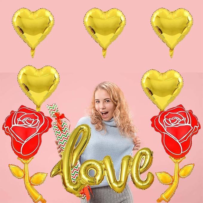 Gold Heart Balloons Gold Love Balloons Gold Rose Balloons Valentine Balloons Valentine Party Balloons for Valentine Day Decoration Anniversary Party Decorations Theme Supplies Balloon Sets-8 PCS