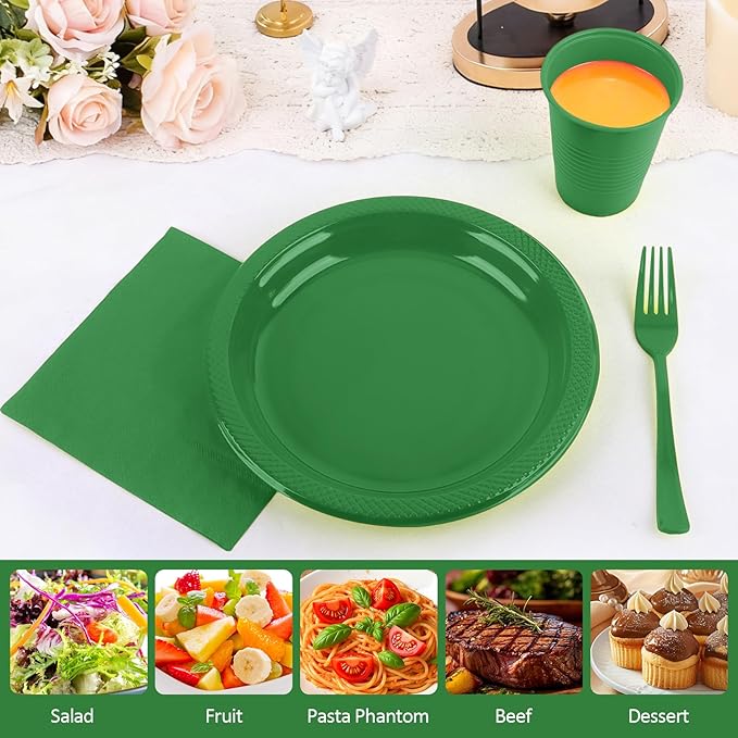 Disposable Green Plastic Plates for Party, 9'' Green Party Plates and Cups and Napkins Set for 50 Guests, Party Supplies Dinnerware for Birthday,Wedding, Christmas, BBQ