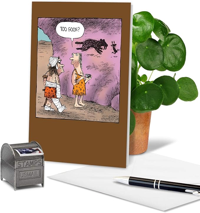 NobleWorks - 1 Humor Birthday Card with Envelope - Funny Cartoons for Birthday Greetings, Celebration Notecard - Caveman Drawing C6364BDG