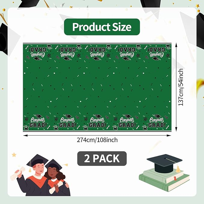 2-Piece 54 x 108 Inch Graduation Plastic Tablecloth – Graduation Disposable Rectangle Table Covers with “Congrats Grad” Design for Class of 2026 Party, School and Home Decorations