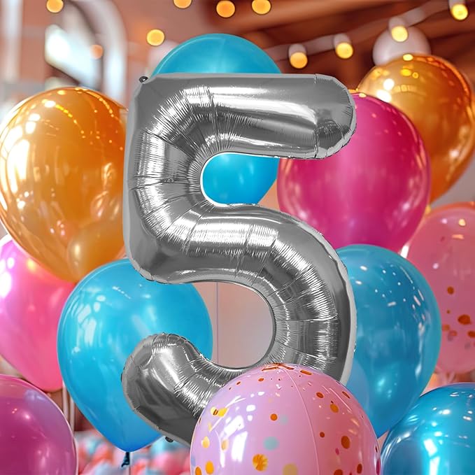 40 Inch Large Silver Number Celebration and Decoration Balloon for Birthday Parties, Graduations, Anniversaries, Weddings, Photo Shoots, Special Events - Helium Foil (Silver Number 5)