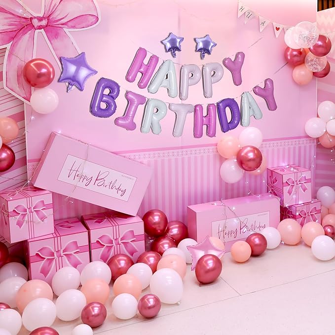 Birthday Banner, 3D Mylar Foil Happy Birthday Balloons, 26pcs Birthday Party Decorations with 8pcs Star Balloons for Kids Girls Women Adults Ecofriendly Party Supplies, Pantone