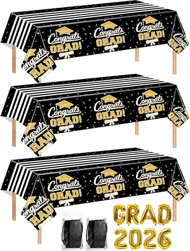 7-Pack Graduation Party Decorations Set, 3 Black Gold Graduation Tablecloths 54x108in, 2026 and Grad Balloons, 2 Foil Fringe Curtains for High School College Graduation Party Photo Booth