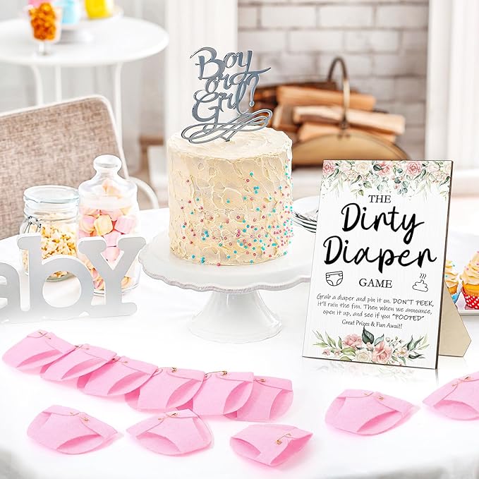 Roowest 51 Pcs Dirty Diaper Baby Shower Games Funny Wooden Sign with 50 Pcs Mini Diapers Cute Felt for Gender Reveal Party Baby Shower(Pink Flower)
