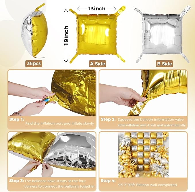 36pcs Gold and Silver Square Foil Balloons Wall Backdrop with 147pcs Balloon Garland Arch Kit, Double Sided Balloons for Birthday Bridal Shower Anniversary New Year Graduation Party Decorations