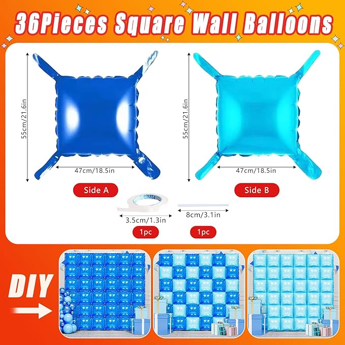 36 Piece XL Blues Square Foil Balloon Wall Screen Double Sided Square Balloon Screen Tunnel Arch Kit Mylar Square Balloons for Baby Shower Graduation Prom Birthday Party Decorations (Blues)
