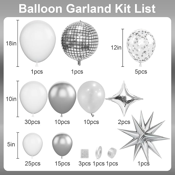 White and Silver Balloon Arch Garland Kit,White Silver Star Confetti Metallic Balloon Decoration with 18 Inch 4D Disco Silver Foil Balloon for Birthday Baby Shower Wedding Anniversary Party Decor