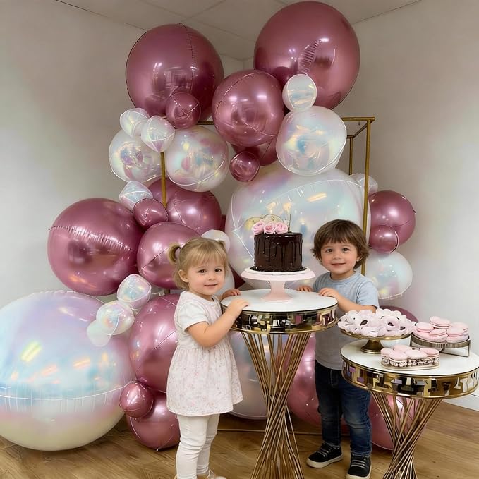 Biapian 12Pcs Pink and Iridescent Round Balloons Foil, 22" 18" 15" 10" 4D Round Shaped Ball Balloon, Large Pink Bubble Balloons for Wedding Prom Bridal Baby Shower Birthday Party Decorations Backdrop