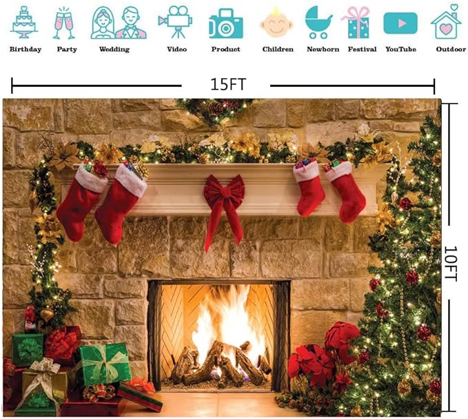 CYLYH 15x10ft Christmas Fireplace Theme Backdrop Christmas Backdrops for Photography Tree Sock Decorations for Xmas Party Supplies Photo Background
