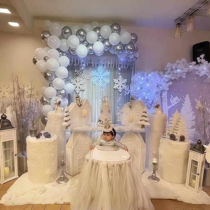 Pearl White Winter Wonderland Balloons, 12 Inch Pearl Sand White and Metallic Silver Snowflakes Balloons for Ice Snow Wonderland Wedding Baby Shower Birthday Christmas New Year’s Party Decorations