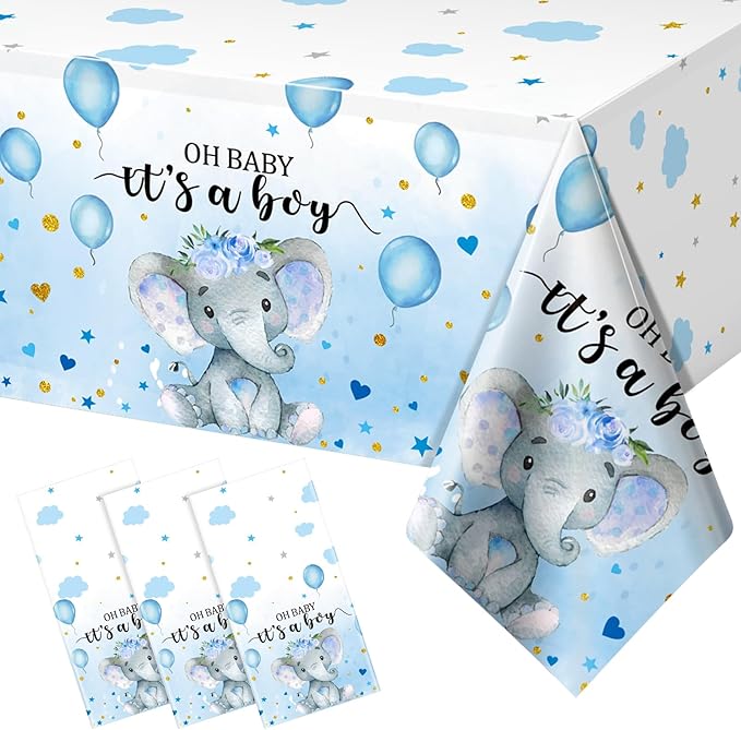 3 Pack Elephant Baby Shower Tablecloth Decorations, Elephant Baby Shower Decorations, Plastic Tablecloth Table Cover Backdrop for Baby Boy Girl Gender Reveal Party Supplies, 54 x 108 Inch, Blue