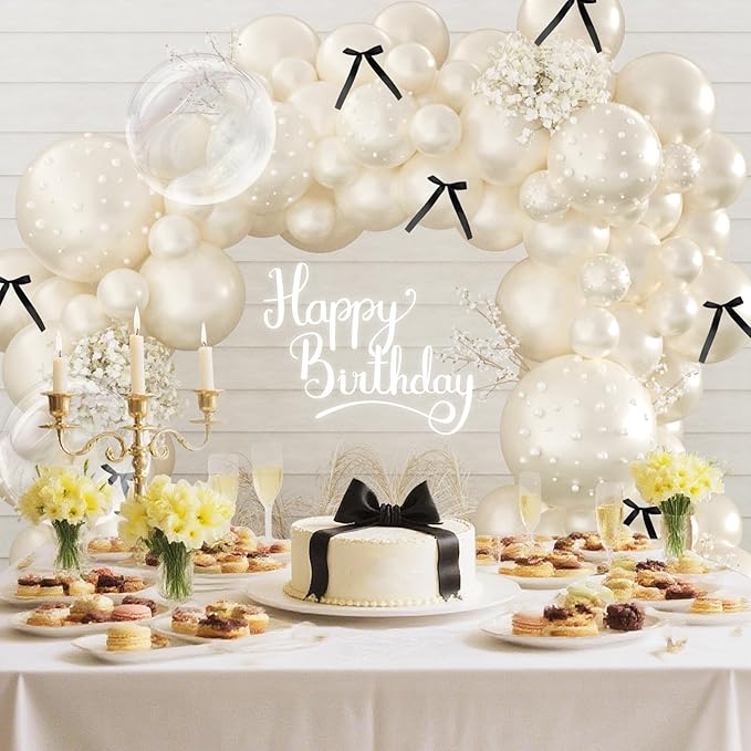 Double Stuffed Pearl Balloon Arch Kit,229Pcs Bow Balloon Arch Kit with Pearl Sticker Bubble Balloons Ribbon Bow for Coquette Bow Theme Birthday Baby Shower Wedding Bachelorette Bridal Shower Party
