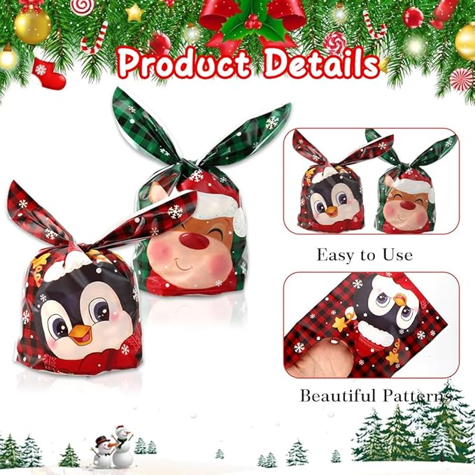 Christmas Treat Goodie Bags, 100 Pcs Xmas Plastic Cellophane Candy Cookie Snack Rabbit Ears Gift Bag, Plastic Goody Present Wrapping Bag for Christmas Holiday Event Party Favors Decoration (5 Designs)