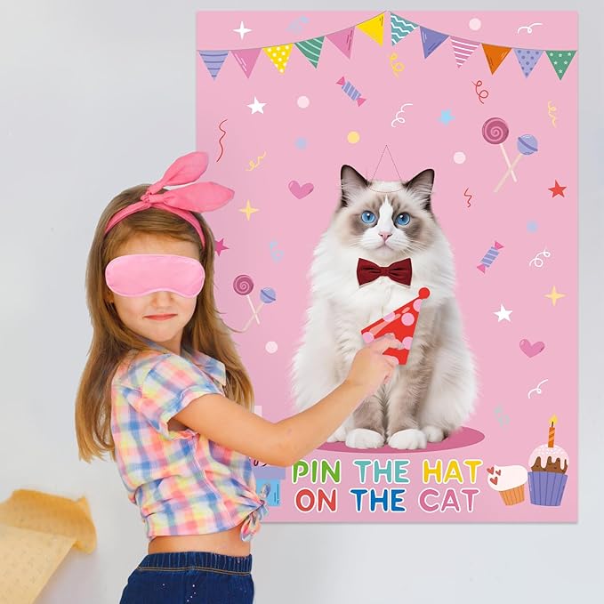 Kopokita Pin The Hat on The Cat Party Game with 24 PCS Tails and Two Eye Mask for Kids Birthday Party Carnival Fiesta Party Supplies 21'' x 28'' (Cat)