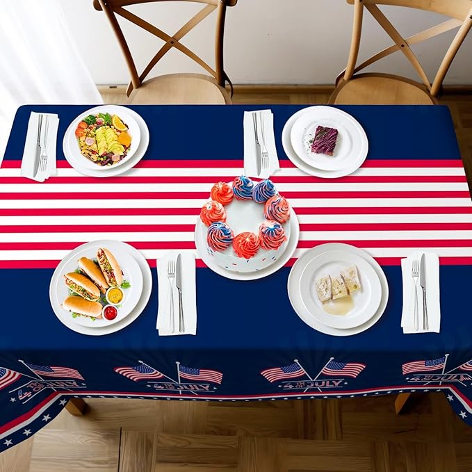 Childom 2 Pack Patriotic Tablecloth,Patriotic Decorations 54" x 108" Disposable American Flag Tablecloth,Plastic Table Cover for Veterans Day Decorations,Fourth of July,Camping,Picnic,Party Supplies