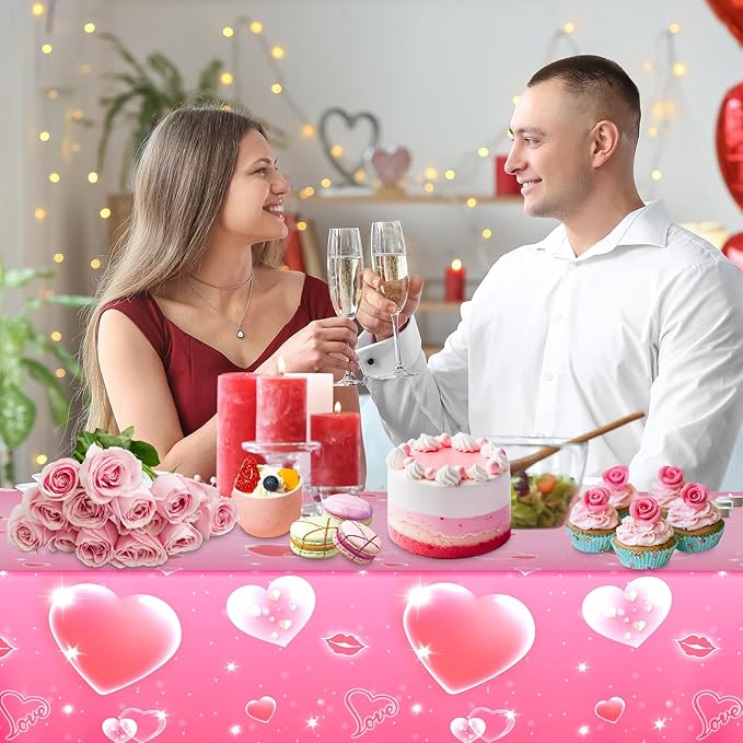 3 Pcs Valentines Day Tablecloth - Pink Heart Love Valentine Table Cloth Disposable, Plastic Rectangle Valentine's Table Cover for Valentine Day Wedding Anniversary Party Supply Tables Decor,108"x54"