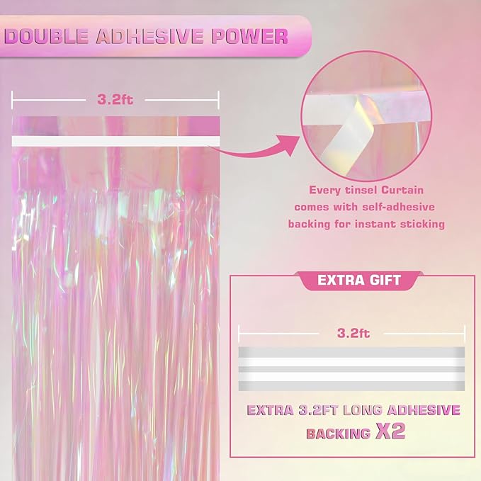Melsan Transparent Backdrop Curtain, 3.28 x 8ft Extra Long Clear Foil Fringe Curtain with Extra Backup Tape, Soft Shimmer Party Decoration for Baby Shower, Candy Theme & Photo Booth, 2 Pack