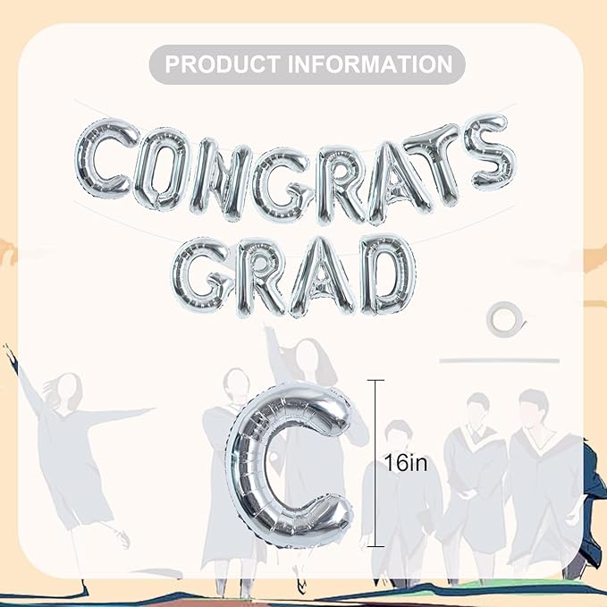 TONIFUL 2026 Congrats Grad Balloons - 16 Inch Silver Congrats Foil Balloons Banner Reusable Material for Graduation Party Graduate Congratulations 2026 Congrats Grad Decorations