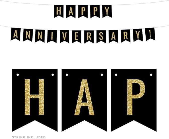 Andaz Press Faux Gold Glitter on Black Wedding Anniversary Party Banner Decorations, Happy Anniversary!, Approx 5-Feet, 1-Set, Birthday Milestone Colored Hanging Pennant Decor