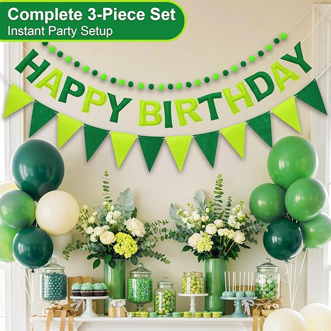 Pre-Strung Happy Birthday Banner & Felt Garland Set - Ombre Green Birthday Decorations for Women Men Boys Girls | Reusable Party Supplies for Indoor & Outdoor