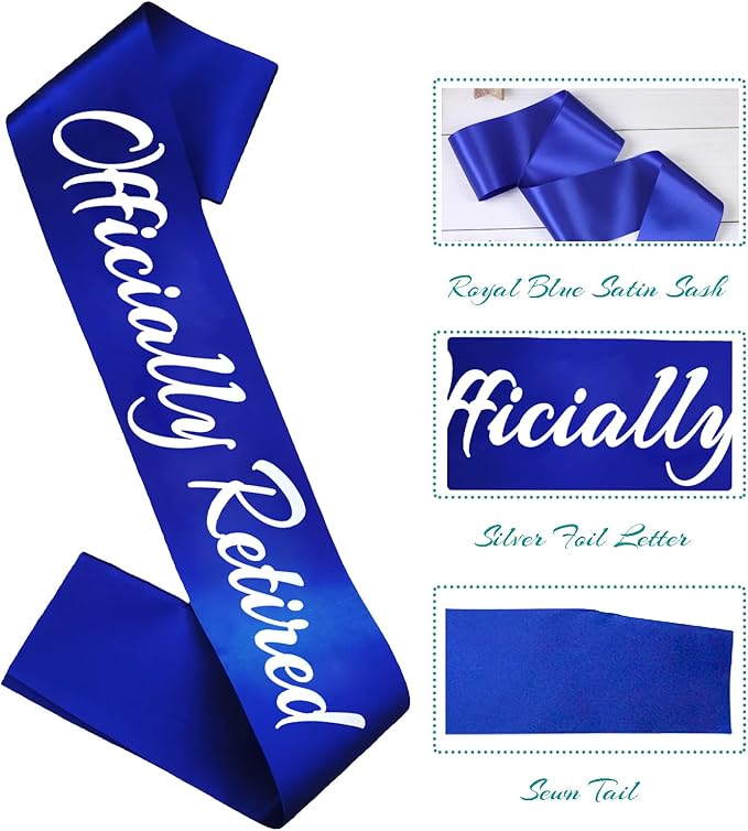 Officially Retired Sash, Reitrement Sash for Men and Women Retirement Party Decorations Supplies, Royal Blue + Silver(Officially Retired)