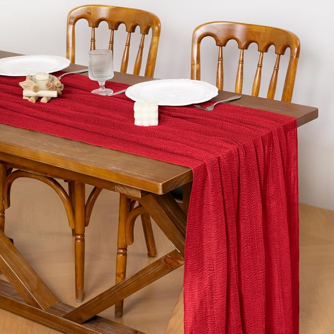 Socomi 3pcs Red Cheesecloth Table Runner Easter Spring Gauze 120 Inch Rustic Boho Cheese Cloth Runner for Wedding Party Baby Bridal Shower Centerpiece Decoration Holiday Home Decorations