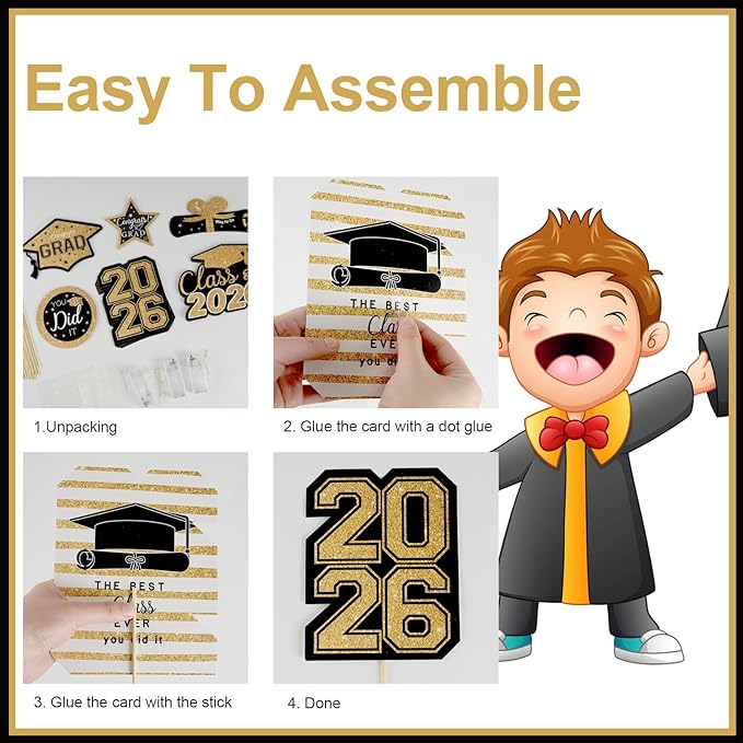 OuMuaMua Graduation Decorations Class of 2026-30pcs Black and Gold Graduation Table Centerpieces Sticks Table Toppers with Lights for College High School Congrats Grad Party Supplies