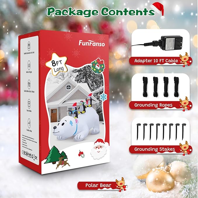 FunFanso 8 FT Christmas Inflatable Polar Bear with Penguins Outdoor Yard Decorations, Blow up 3 Penguins Fishing on Big Polar Bear with Bright LED Lights for Indoor Xmas Decor Outside Garden Lawn