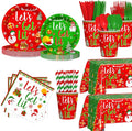 194 Pcs Christmas Party Supplies Decorations Friendsmas Christmas Party Decorations Let's Get Lit Santa Snowman Disposable Tableware Set with Plates Napkins and Tablecloth Serves 24 Guests