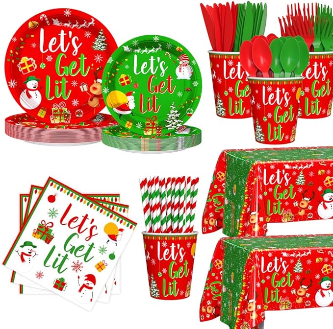 194 Pcs Christmas Party Supplies Decorations Friendsmas Christmas Party Decorations Let's Get Lit Santa Snowman Disposable Tableware Set with Plates Napkins and Tablecloth Serves 24 Guests
