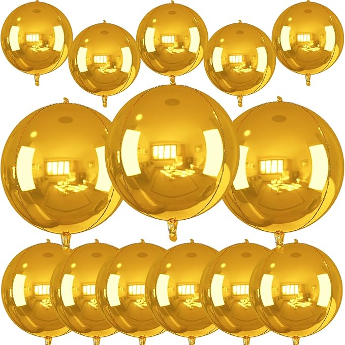 14 Pcs Gold Round Foil Balloons 22/15/10 4D Ball Balloons Metallic Golden Balloon Ornament Mylar Balloon Chrome for Graduation Birthday Wedding Anniversary New Year Disco Party Decorations