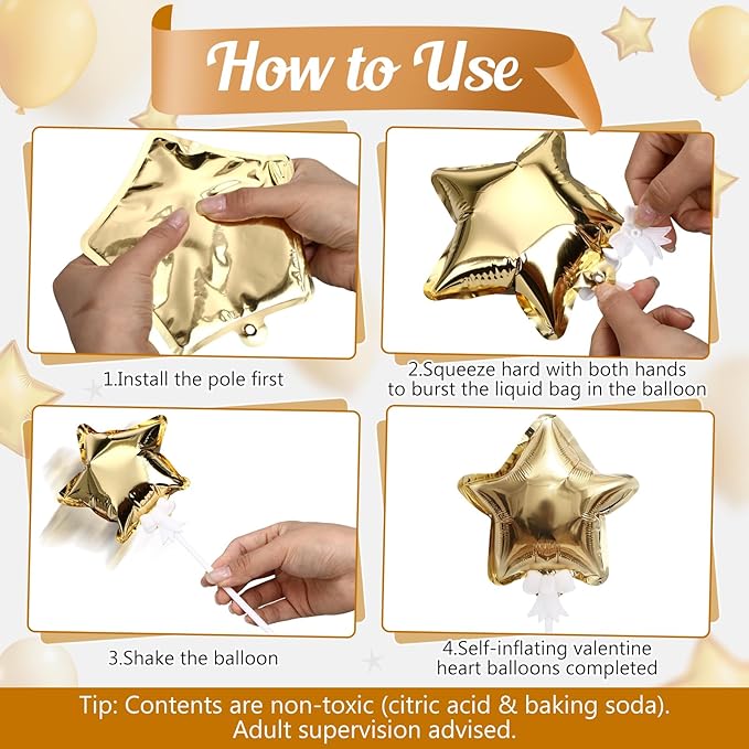 30 Pcs Star Self Inflatable Balloons with Bow Stems Star Foil Balloons Mini Pentagram Decoration for Patriotic Independence Day Graduation Birthday Baby Shower Anniversary(Gold,4 Inches)