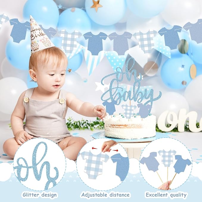 2 Pack Boy Blue Bodysuit Banner,1Pcs Blue Glitter Cake Toppers,12 Pcs Cupcake Toppers Happy Birthday Decoration Kit-Bodysuit Theme Kit Party Decoration Baby Shower Party Supplies Decor for Baby Shower