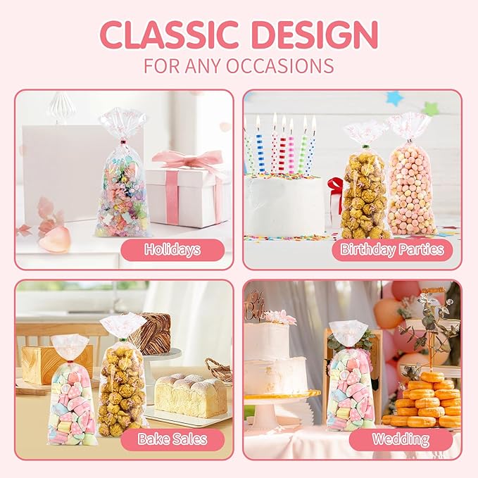 Docvania Cello Cellophane Treat Gift Bags Pink bow Cookie Bags 100 pcs 4 X 9 Goodie Bag with Ties for Mother's Day, Valentine's Day and Parties, Weddings
