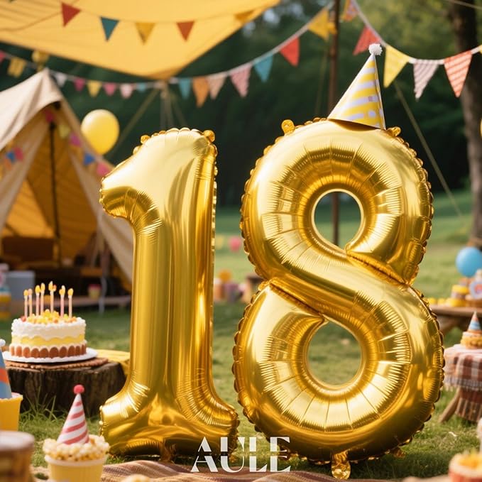 AULE 40 Inch Jumbo Gold Foil Mylar Number Balloons for Boy Girl 18th Birthday Party Decorations 18 Years Old Anniversary Party Supplies