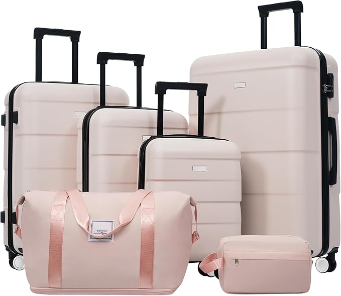 6 Pcs ABS Hardshell Luggage Sets Spinner Wheel Suitcase Lock Suitcases Light Pink