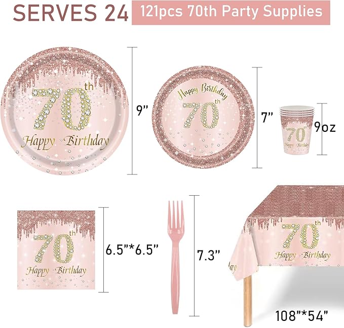 121Pcs 70th Birthday Party Supplies Plates Napkins Cups Forks Tablecloth Rose Gold Happy 70th Birthday Themed Disposable Tableware Decorations Serves 24 Guests for Women 70 Years