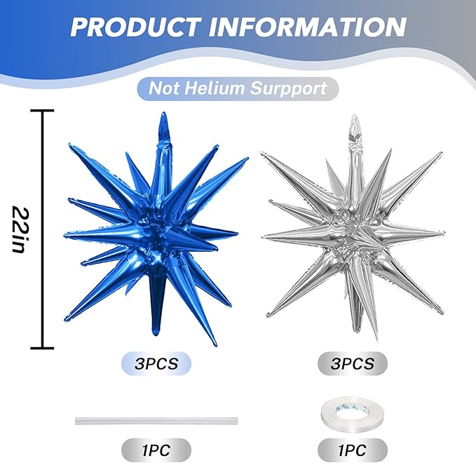 6PCS Blue Silver Star Balloons, 22Inch Large Navy Blue Silver Star Shaped Balloon Foil Spike Balloon Cone Balloons for Graduation Birthday Baby Shower Party Decorations