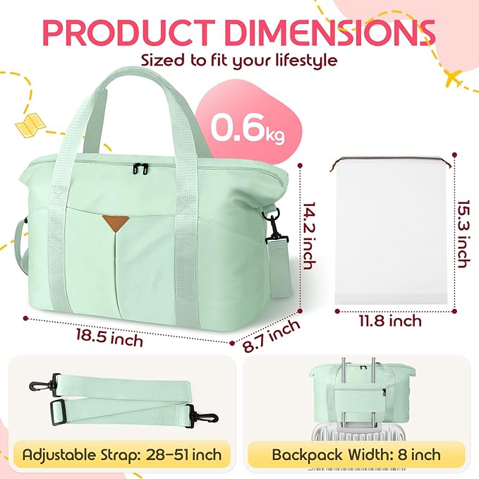Duffle Bag for Travel, Carry-on Travel Bag with Trolley Sleeve, Sport Gym Bag for Women, Overnight Bag for Men, Hospital Bag for Labor and Delivery (Green)