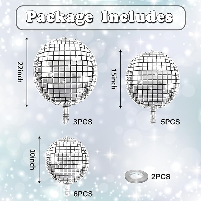 14 Pcs Disco Ball Balloons 22/15/10 4D Ball Balloons Metallic Silver Disco Mylar Balloon Chrome for Birthday Bachelorette 70s 80s 90s Themed Graduation Retro New Year Eve Prom Party Decor