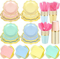 Yaomiao 168 Pcs Pastel Scalloped Paper Plates Cups Napkin with Gold Foil Pastel Party Disposable Dinnerware Set Easter Party Supplies Serve 24 Guests Macaron Princess Birthday Baby Shower Decorations