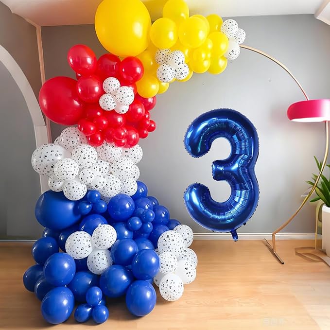 4th Birthday Decorations Boy, Dog Paw Fourth Birthday Balloons Arch with Red Blue Yellow Latex Balloons and Long Balloon Number 4 and Star Foil Balloon for Paw Party Supplies