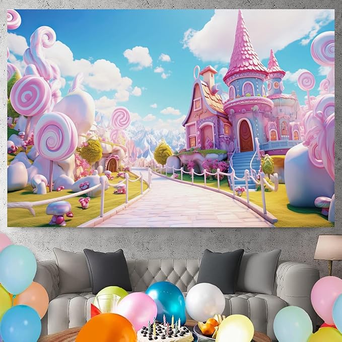 9x6ft Candyland Backdrop Pink Sweet Candy Castle Fairy Tale Photography Background for Girls Princess Birthday Baby Shower Party Decorations Kids Portraits Banner Photo Studio Props