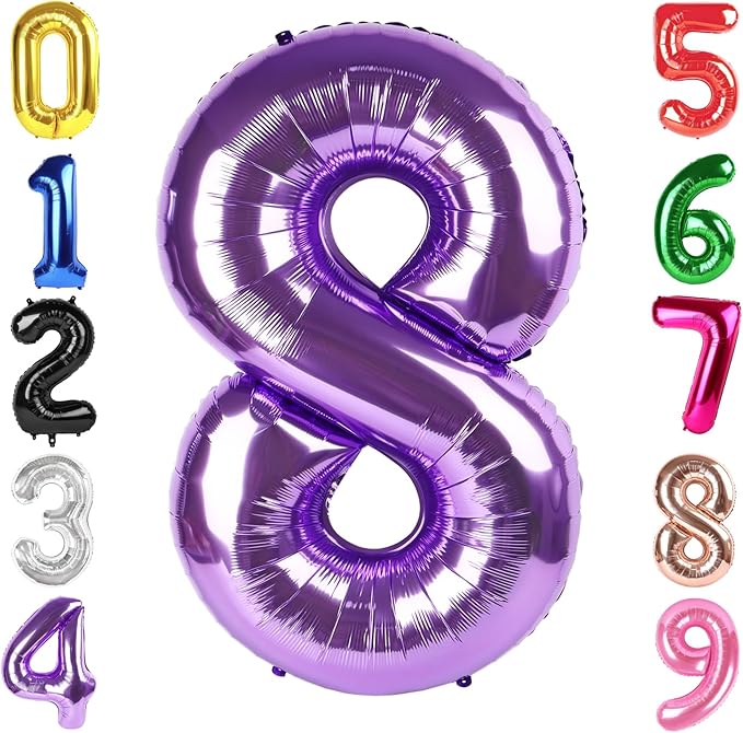 40 Inch Purple Number 8 Balloon, Giant 8 Number Balloons for 8th Birthday Decorations, Party Supplies for Baby Boy Girl, Purple Party Decor