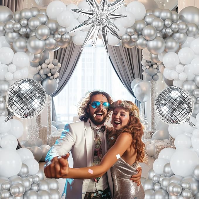 Disco Party Balloon Garland Arch Kit 134 Pcs Metallic Silver Matte White Confetti Balloons Disco balls for Adult Birthday Dancing Decor Graduation Party New Year Eve 2026 NYE Decoration