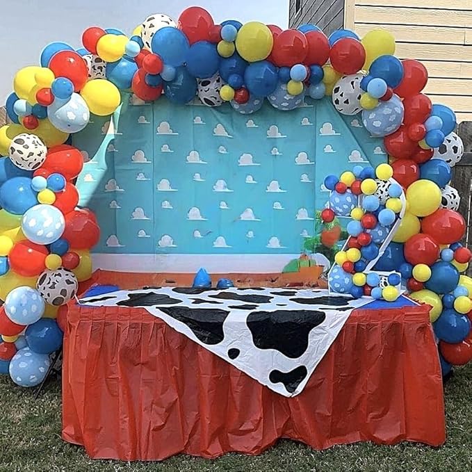 Toy Inspired Story Balloons, 12 Inch Cow Print Sky Blue Cloud Balloons Red Blue Yellow Green Balloons for Kids Boys Birthday Party Farm Themed Halloween Party Decorations