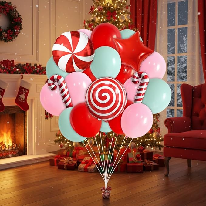 Christmas Balloons Set, 35pcs Xmas Baby Pink Red Light Green and Candy Cane Star Foil Balloons for Merry Christmas Candy Theme Candyland Party Baby Shower Gender Reveal New Year Decorations Supplies